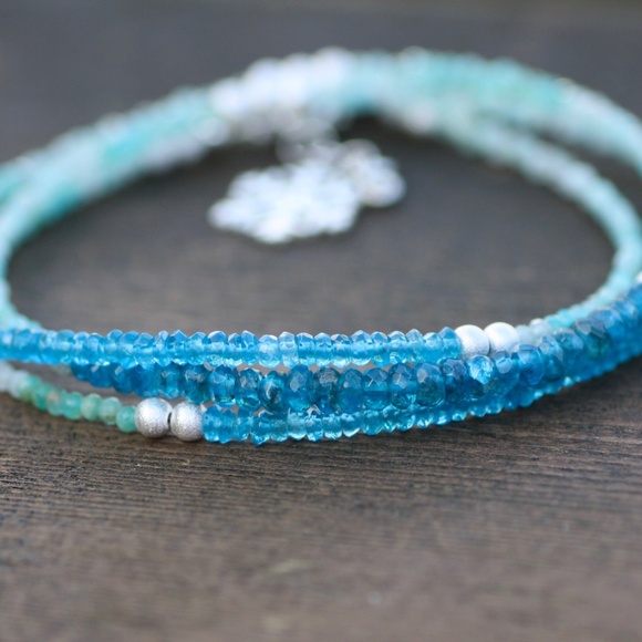 Natural Neon Blue Apatite, Amazonite Necklace / Wrap Bracelet Sterling Silver - Picture 2 of 12